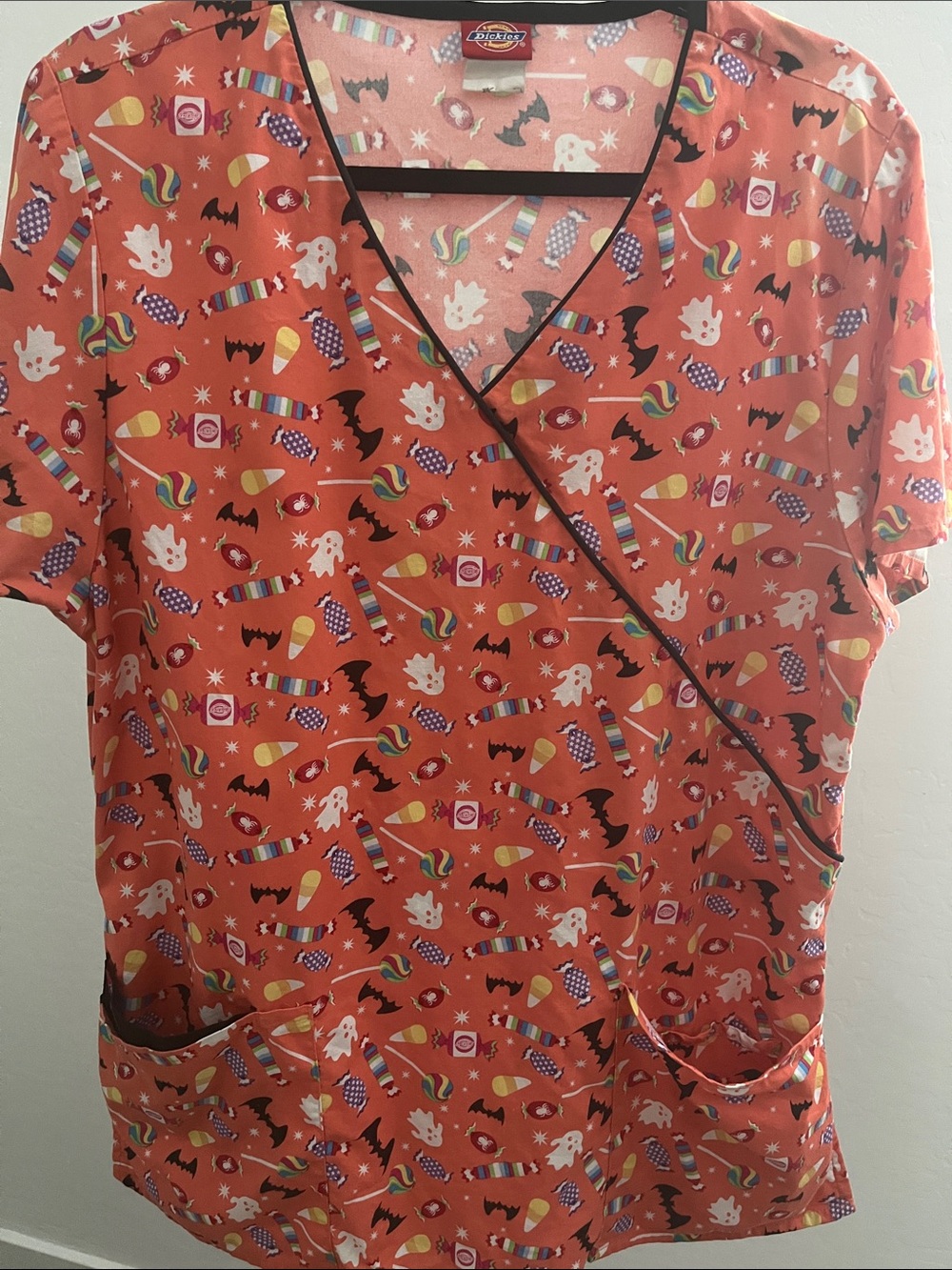 Dickies Women’s Orange Halloween Candy Print Scrub Top RN 107295